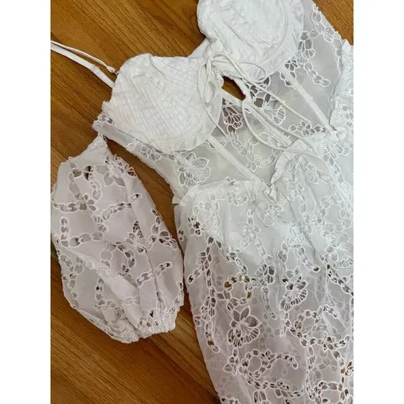For Love & Lemons Romi Midi‎ Dress in White Small Floral Eyelet Puff Sleeve